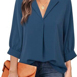 Unixseque Blue Satin Blouse with 3/4 Puff Sleeves Size L